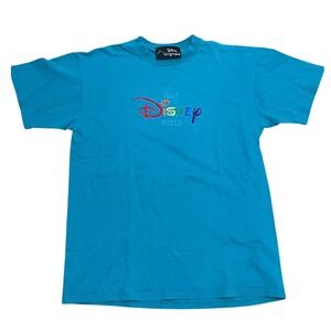 Vintage Walt Disney World Rainbow Embroidered Teal T Shirt Cotton Size Sm/M‎